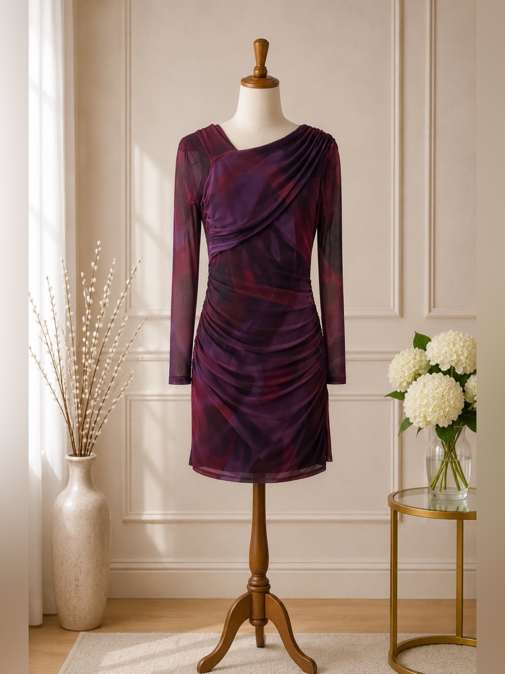 GUESS Mesh Ruched Bodycon Dress Size 4 Purple Burgundy Long Sleeve NWT